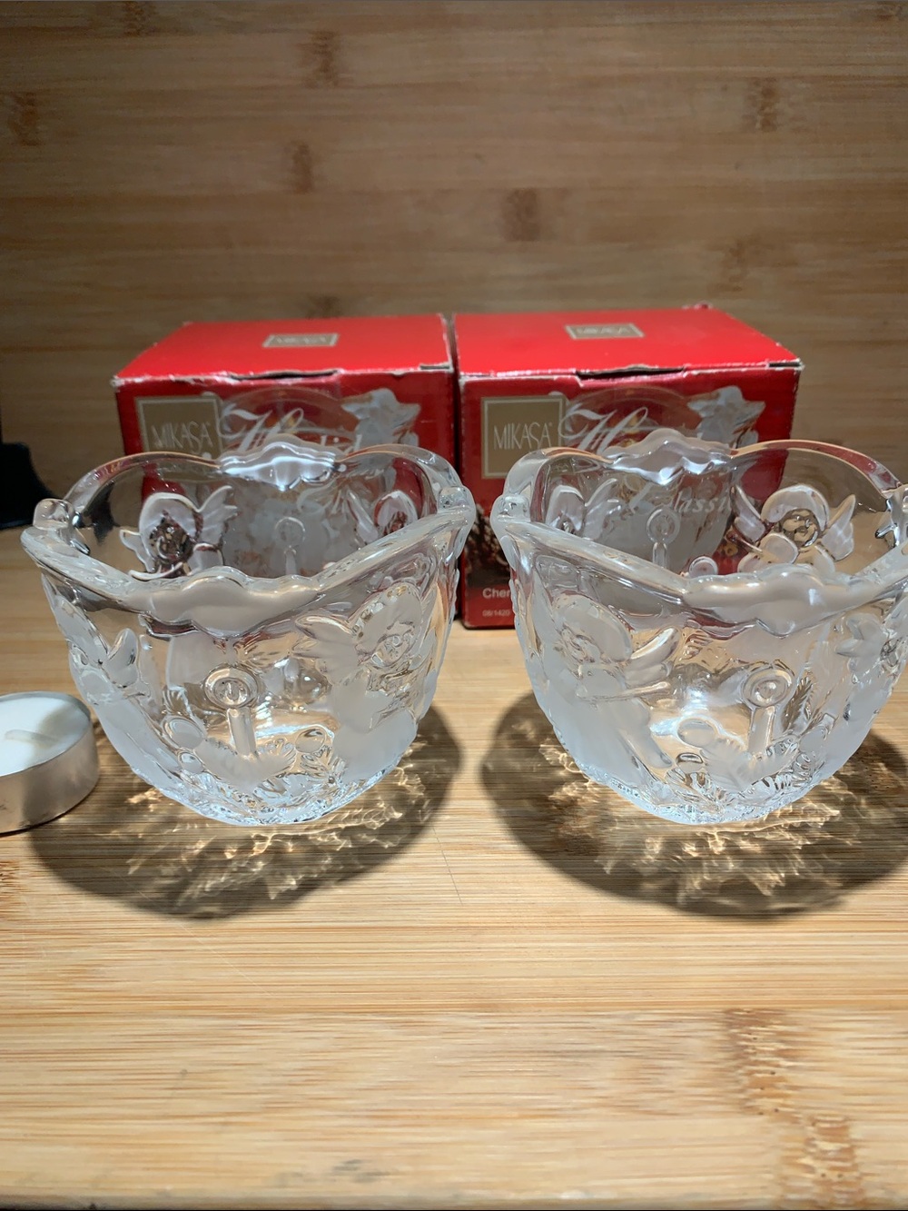 Mikasa Clear Frosted Rose Glass Votive Pair Holiday Cherubs